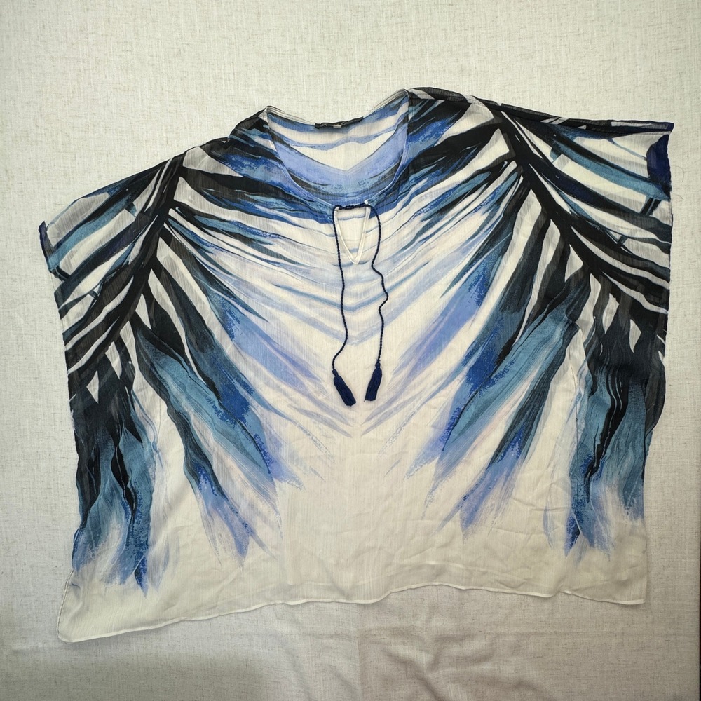 Rose& Olive Poncho Top Womens 1X Blue Palm Print Tassel Sheer Beach Coverup Boho